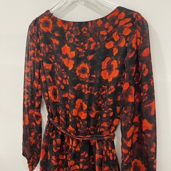 Mimi Chica Long Sheer Sleeve Floral Tie Waist Mini Dress Fit & Flare Red Black - Picture 5 of 5
